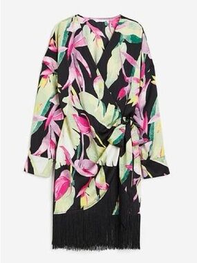 H&M Black Tropical Floral Wrap Dress with Fringe Trim